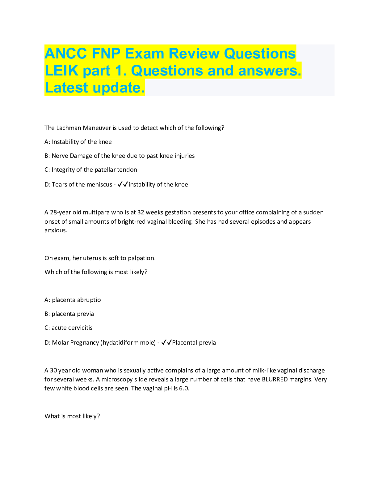 Preview image for ANCC FNP Exam Review Questions  LEIK part 1. Questions and answers.  Latest update.